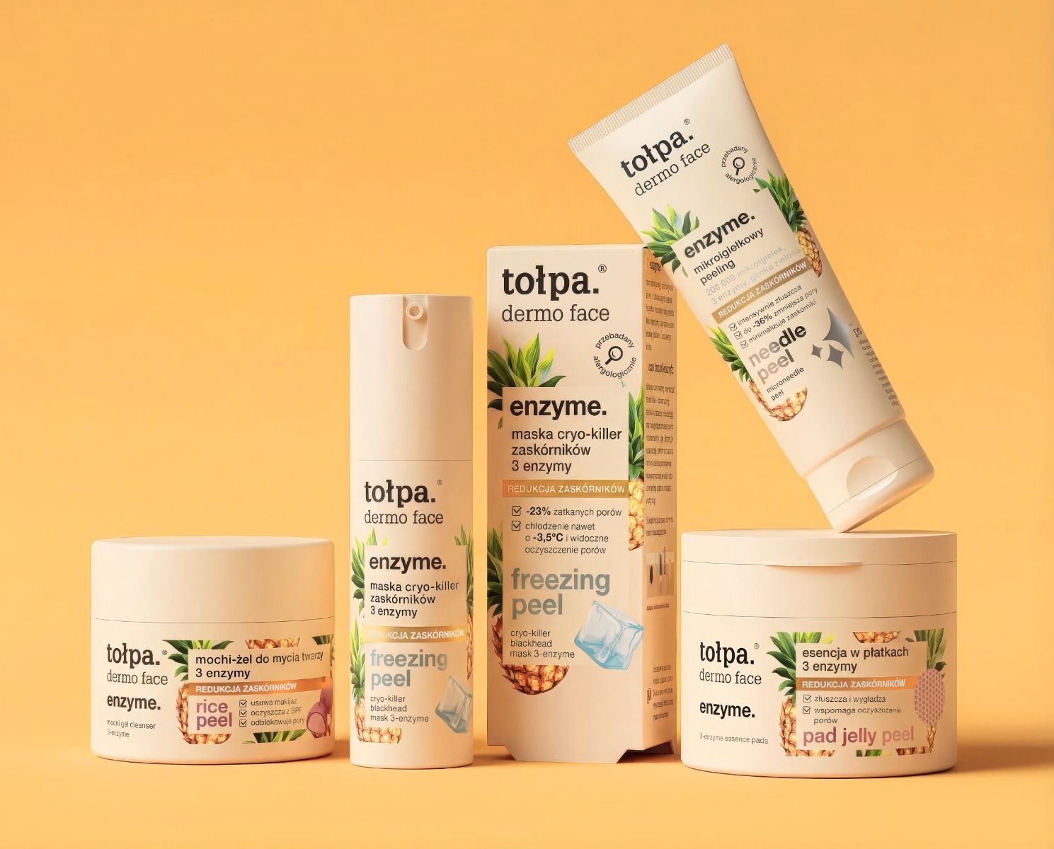 Oczyszczanie enzymatyczne zaskórników otwartych i zamkniętych z kosmetykami tołpa.® z linii dermo face enzyme. Z 3 enzymami - bromelainą, papainą i keratoliną.