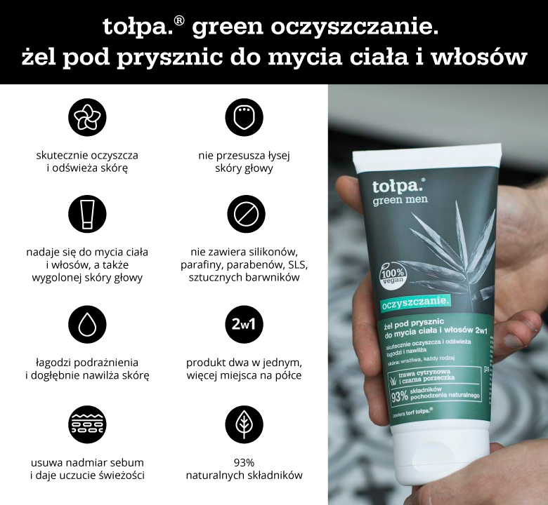 tołpa. green oczyszczanie. żel pod prysznic do mycia ciała i włosów - infografika
