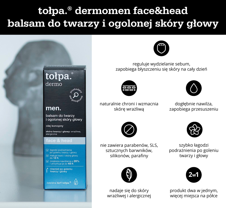 tołpa. dermomen face&head balsam do twarzy i ogolonej skóry głowy - infografika 