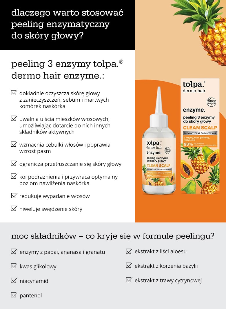 Dlaczego warto stosować peeling enzymatyczny do skóry głowy? Peeling 3 enzymy tołpa dermo hair enzyme - infografika.