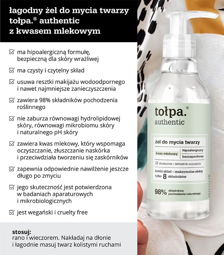 Łagodny żel do mycia twarzy tołpa.® authentic z kwasem mlekowym - infografika