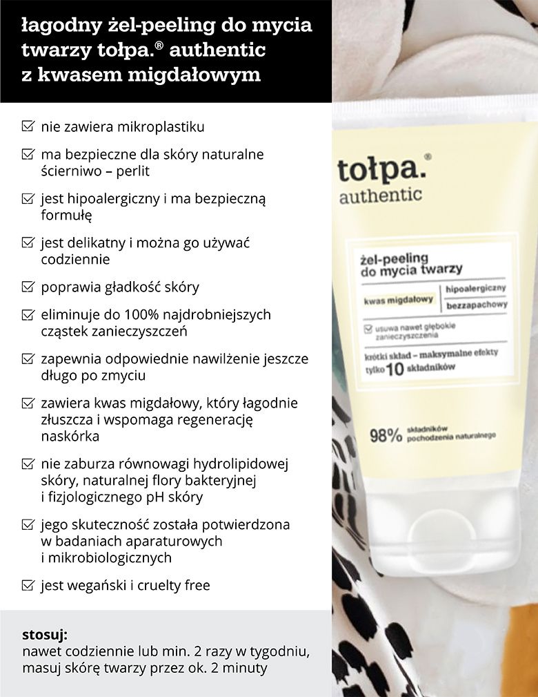 Łagodny żel-peeling do mycia twarzy tołpa.® authentic z kwasem migdałowym - infografika