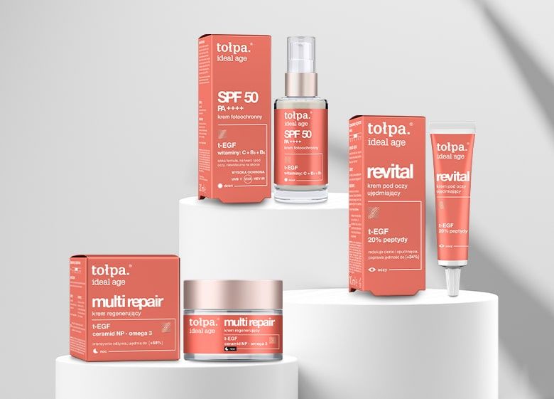 3 produkty z nowej linii tołpa® ideal age : krem fotoochronny, krem pod oczy ujędrniający, krem regenerujący