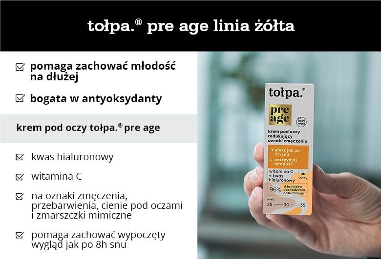 tołpa.® pre age linia żółta: pomaga zachować młodość na dłużej, bogata w antyoksydanty - infografika