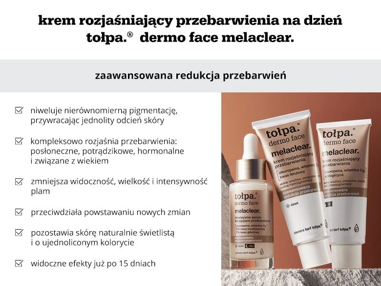 Infografika o kremie rozjaśniającym przebarwienia na dzień tołpa.® dermo face melaclear